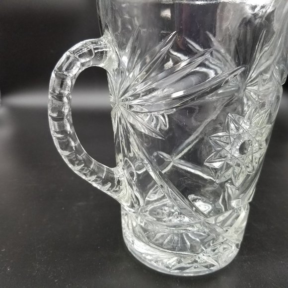 Vintage Clear Water Tea Drink Pitcher Floral Pressed Glass 8.50" Ribbed Handle - Picture 9 of 14